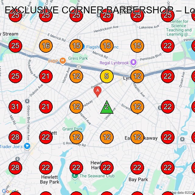 EXCLUSIVE CORNER BARBERSHOP GeoGrid visibility map for Barber Shop in Hewlett